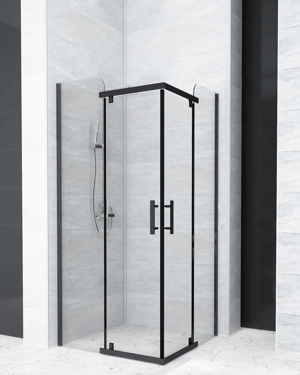 Siyah pivot menteşeli sistem, şeffaf 6 mm temperli camlı duşakabin